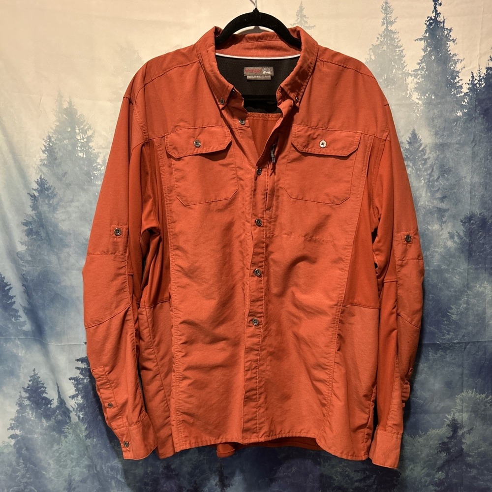 Wrangler Outdoor‎ Mens  XL Long Sleeve Button Down Stash Zip Pocket Burnt Orange